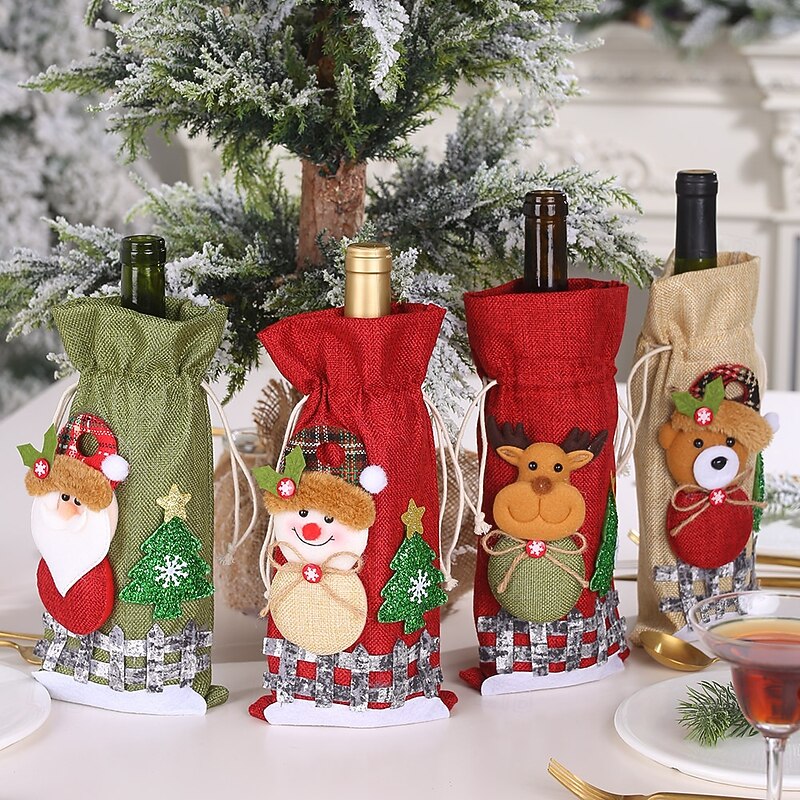 4 Pack Burlap Christmas Wine Bottle Cover Bags with Drawstring Snowy Cartoon Doll Design, Plaid Holiday Gift Wrap Cover for Wine, Champagne, Party Decorations