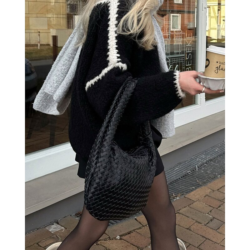 Women's Sweater Pullover Streetwear Casual Color Block Crew Neck Patchwork Knitted Long Sleeve Regular Tops Knit Daily Holiday Going out Black Khaki Fall Winter4