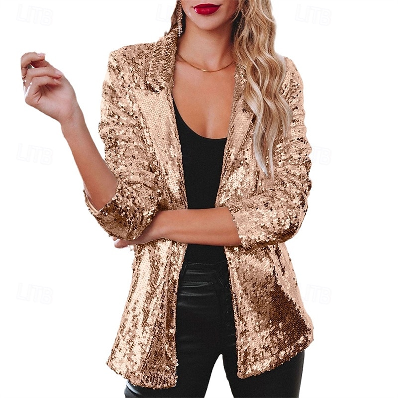 Women's Shirt Jacket Blazer Comfortable Breathable Sequin Fashion Daily Plain Outdoor Casual Daily Regular Lapel Regular Fit Long Sleeve Outerwear Silver Black Wine Spring Fall2