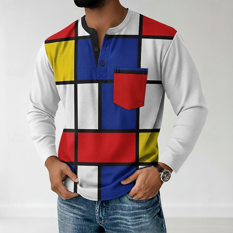 Men's Geometric Henley Shirt T shirt Tee Long Sleeve Retro Vintage Casual Casual Spring Fall Black White Blue Red Henley Henley T-Shirt3