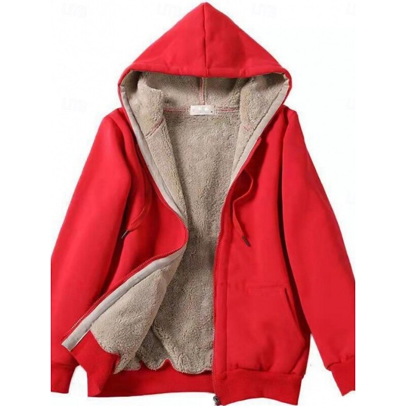 Women's Winter Jacket Sherpa Jacket Hoodie Jacket Comfortable Breathable Zipper Pocket Casual Plain Vacation Street Casual Daily Wear Zipper Regular Hooded Regular Fit Long Sleeve Outerwear Black Red2