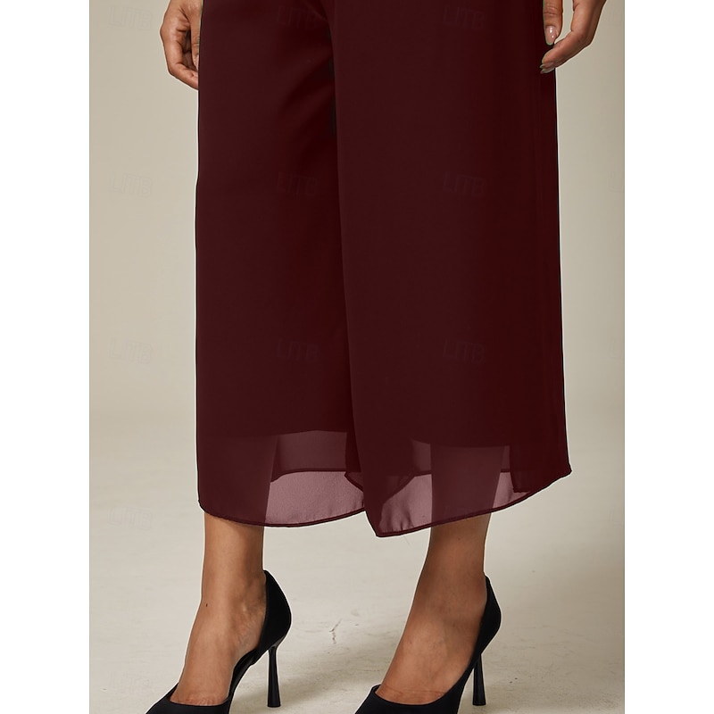 Women's Culottes Wide Leg Vacation Classic Calf-Length Mid Waist Elastic Waist Stylish Fashion Stretchy Formal Office Dailywear Wine Summer Spring Fall4