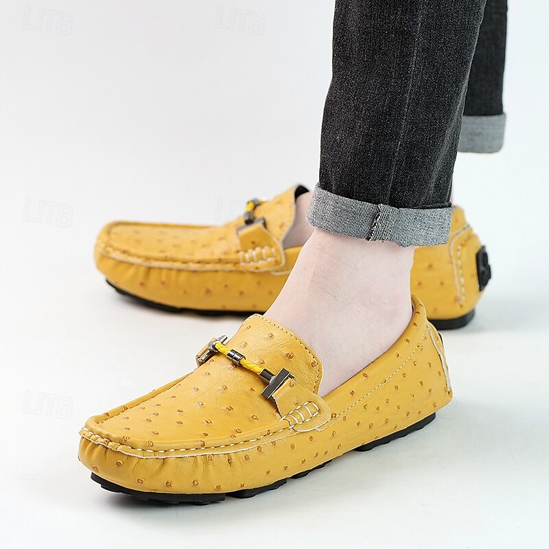 Men's Yellow Ostrich Pattern Loafers with Metal Buckle, Casual Slip-On Driving Moccasins for Business, Summer Parties and Everyday Wear4
