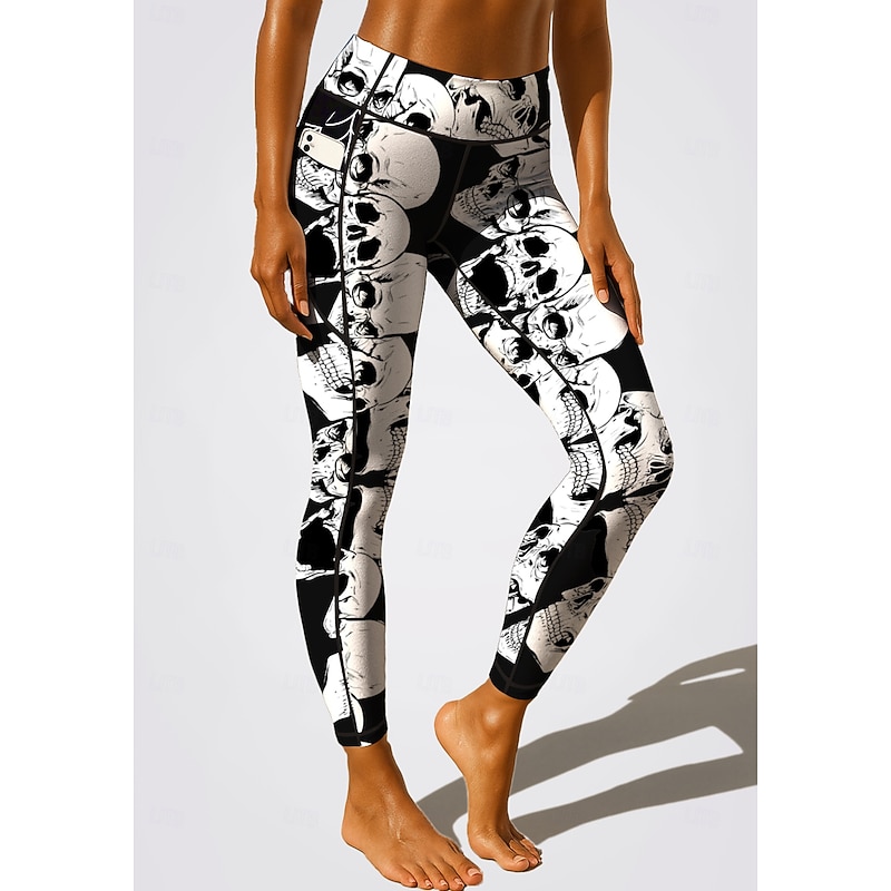 Women's Unisex pilates leggings fitness pants Gym Leggings Pockets Stamp Duty Side Pockets Pilates Gym Gym Workout Pants Tights Leggings Skull Halloween Black-White Sports Activewear Stretchy Tight2