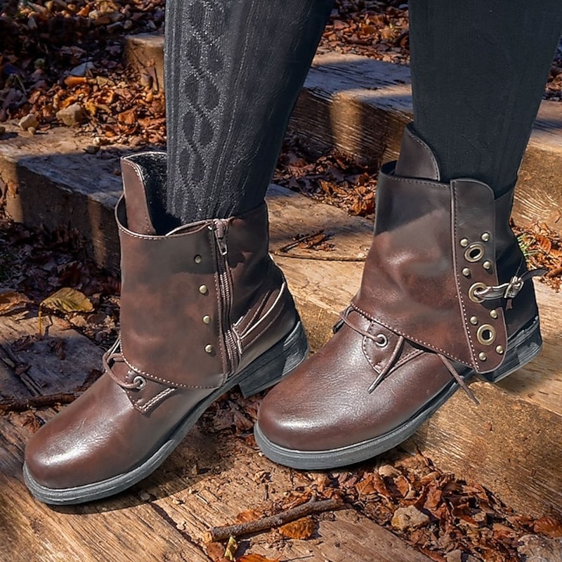 Women's Brown Buckle and Studded Ankle Boots - Rugged Outdoor Style for Fall/Winter - Ideal for Hiking and Casual Outings