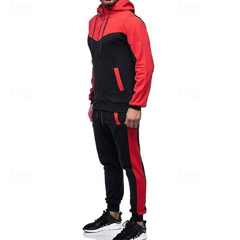 Men's 2 Piece Tracksuit Lounge Hoodie Sweatsuit Sets Color Block Clothing Suit Spring Dark Grey Black Gym Workout Running High Waist Lightweight Fashion Long Sleeve Sport Activewear Micro-elastic4