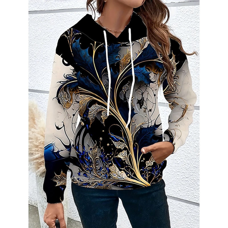 Women's Pullover Hoodie Sweatshirt Floral Graphic Abstract Casual Boho Long Sleeve Hooded Regular Tops Street Dailywear Patchwork Print Front Pocket Dark Blue Fall Winter