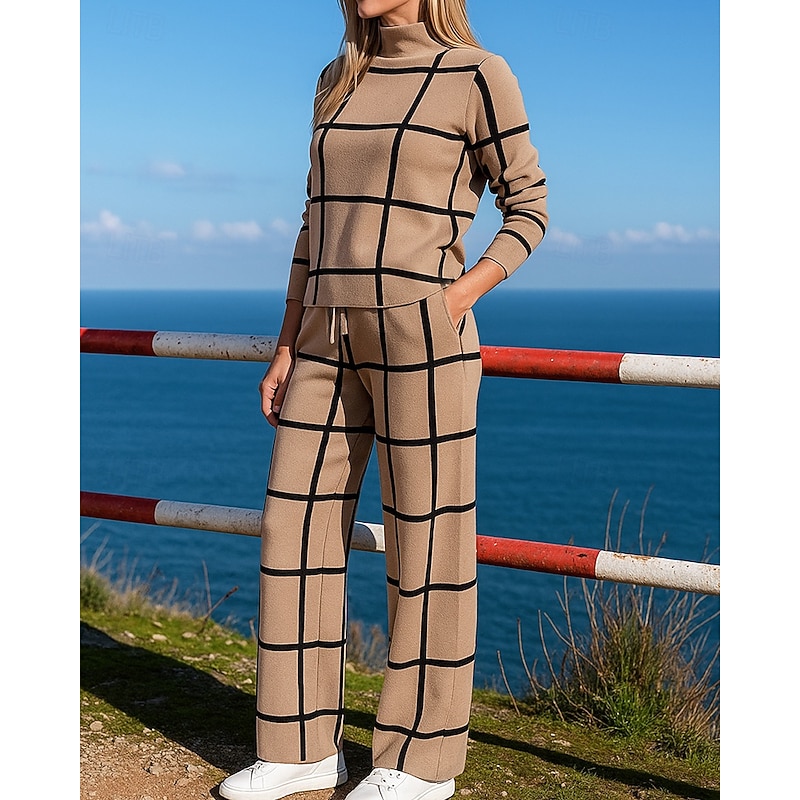 Women's Pullover Sweatsuit Sets 2 Piece Tracksuit Lounge Outfits  with Pocket Plaid Checkered Clothing Suit Fall White Green Hiking Vocation Outdoor Fashion Long Sleeve Sport Activewear Micro-elastic
