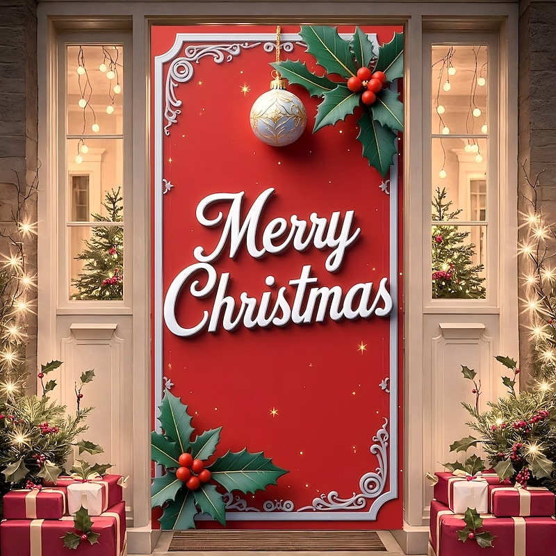 Christmas Door Cover Red Background Holiday Decoration Drapes with Santa Claus Christmas Ornaments Holly Leaves and Red Berries Print for Home Entryway Living Room Bedroom Festive Winter Decor