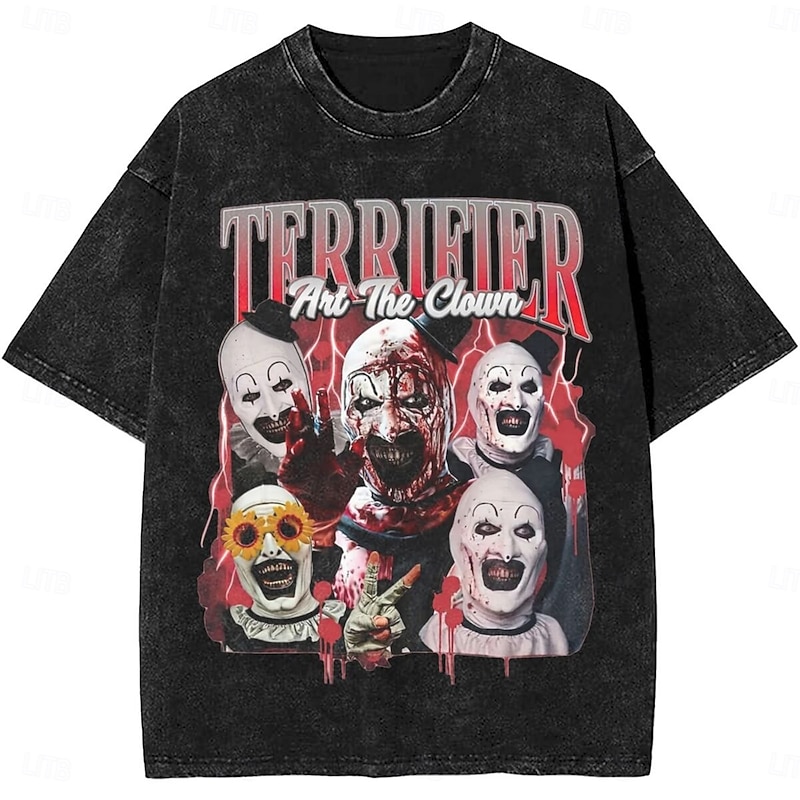 Halloween Terrifier Art the Clown T-shirt Oversized Acid Washed Tee Print Graphic For Men's Women's Boys' Kid's Adults' Halloween Carnival Masquerade Hot Stamping Casual Daily