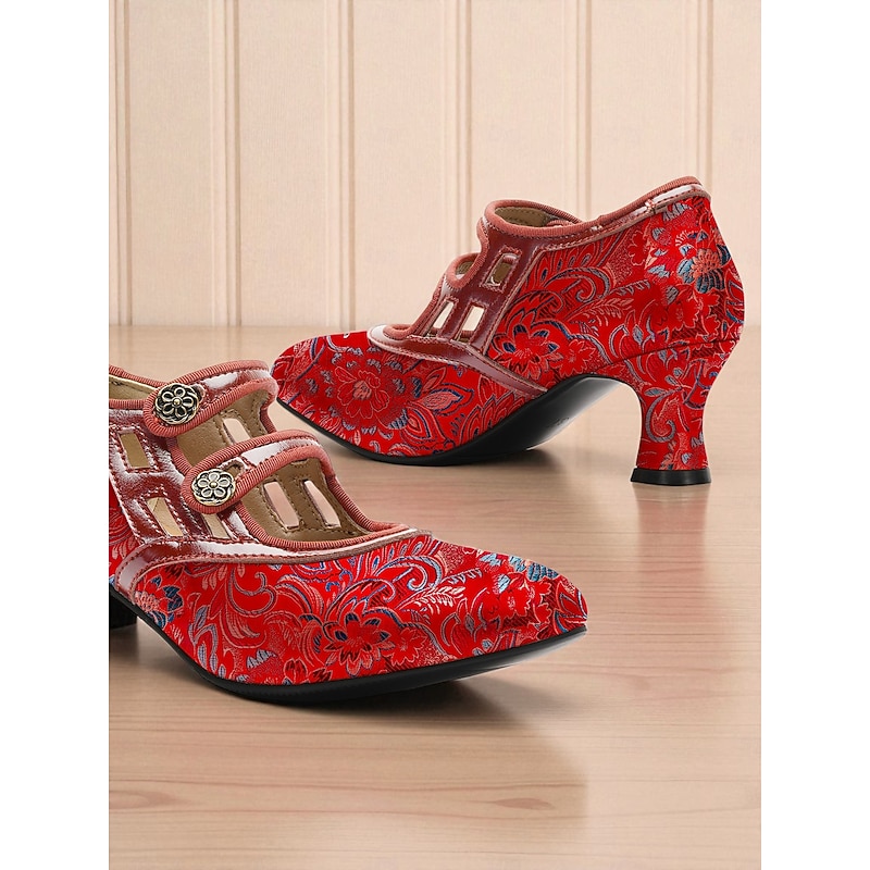 Women's 1920s Vintage Jacquard Mary Jane Heels - Edwardian Double Strap Dress Shoes with Buttons for Ladies' Tea Parties, Weddings and Gatsby Events2