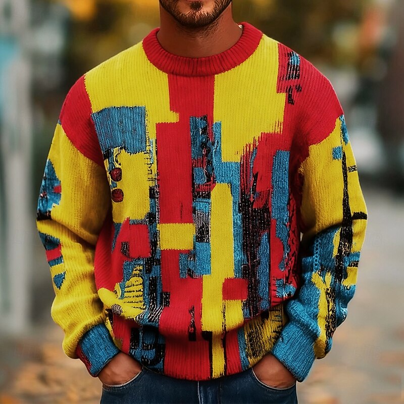 Men's Color Block Pullover Sweater Jumper Knitwear Crewneck Casual Vacation Street Daily 3D Print Knitting Keep Warm Long Sleeve Spring Fall Winter Yellow Red Blue