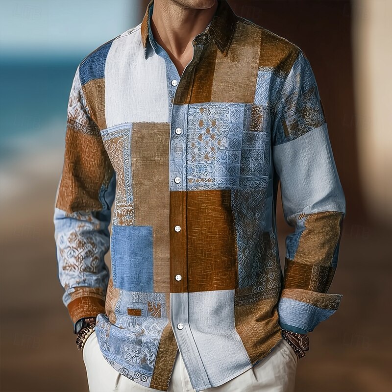 Men's Color Block Patchwork Geometric Pattern Shirt Button Up Shirt Long Sleeve Vintage Retro Outdoor Casual Daily Spring Fall Turndown 3D Print Linen Like Shirt Blue green Wine Blue Brown Green4