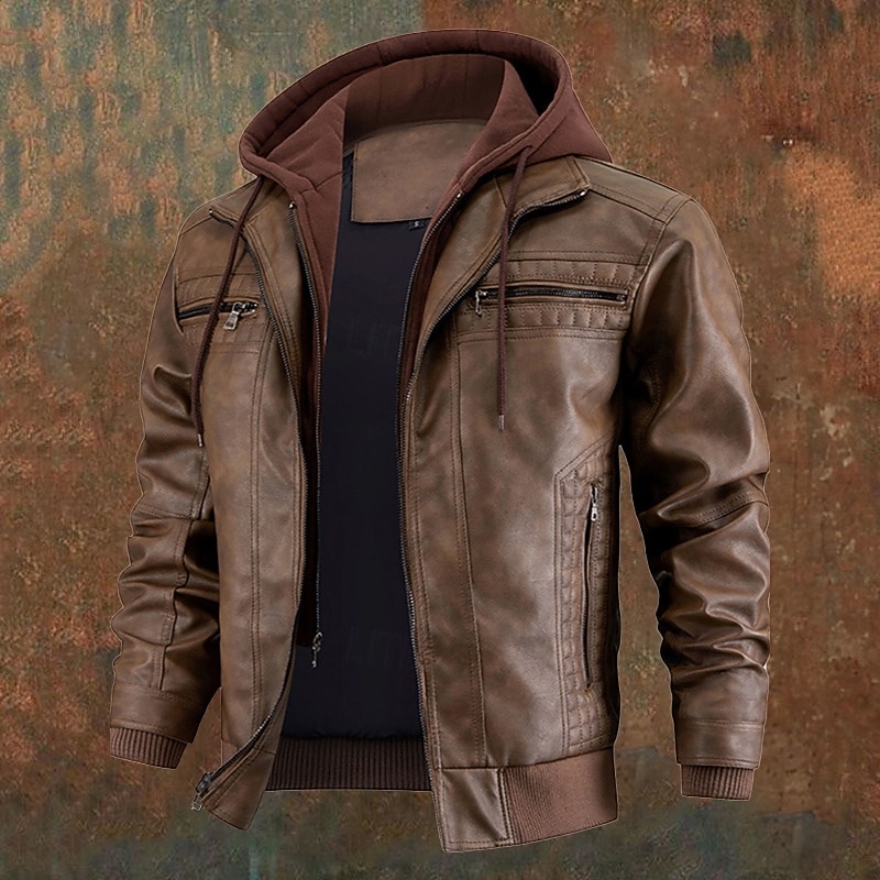 Men's Faux Leather Jacket Biker Jacket Motorcycle Jacket Vacation Daily Windproof Warm Pocket Fall Winter Plain Fashion Classic Hooded Regular Black Brown Jacket