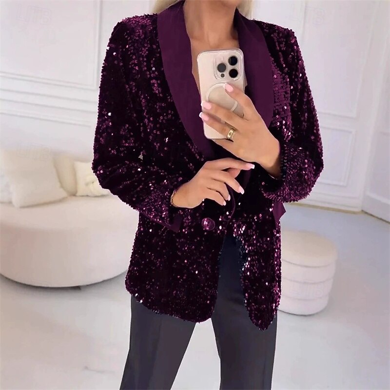Women's Blazer Comfortable Pocket Elegant Fashion Outdoor Sequin Going out Casual Daily Weekend Cardigan Regular Lapel Regular Fit Long Sleeve Outerwear Black Red Blue Spring Fall4