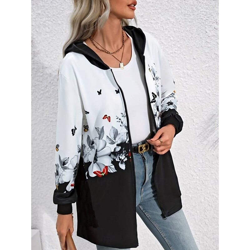 Women's Casual Jacket Hoodie Jacket Comfortable Breathable Zipper Pocket Print Casual Floral Vacation Street Daily Wear Going out Zipper Regular Hooded Regular Fit Long Sleeve Outerwear Black Wine4