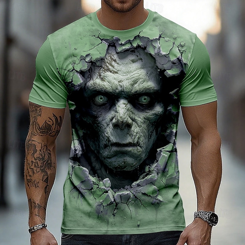 Halloween Men's Optical Illusion Zombies 3D T Shirt Short Sleeve T shirt 3D Print Crew Neck Shirt Exaggerated Designer Horror Party Street Holiday Green 1# Green 2# Blue Summer Spring All Seasons3