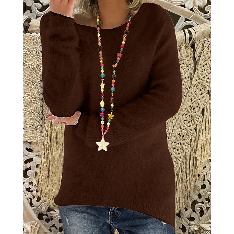 Women's Sweater Pullover Streetwear Casual Pure Color Ribbed Crew Neck Knitted Long Sleeve Regular Tops Knit Outdoor Daily Weekend Hot Pink Pink Fall Winter2