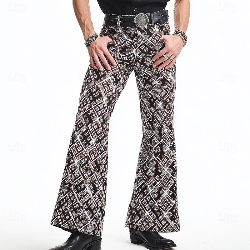 Men's Geometric Plaid Grid Pattern Disco Pants 60s 70s Bell Bottoms Mid Waist Western Vintage Retro Outdoor Vacation Casual Side Pockets Flared Leg Pants Trousers Spring Fall 3D Print Black Brown2