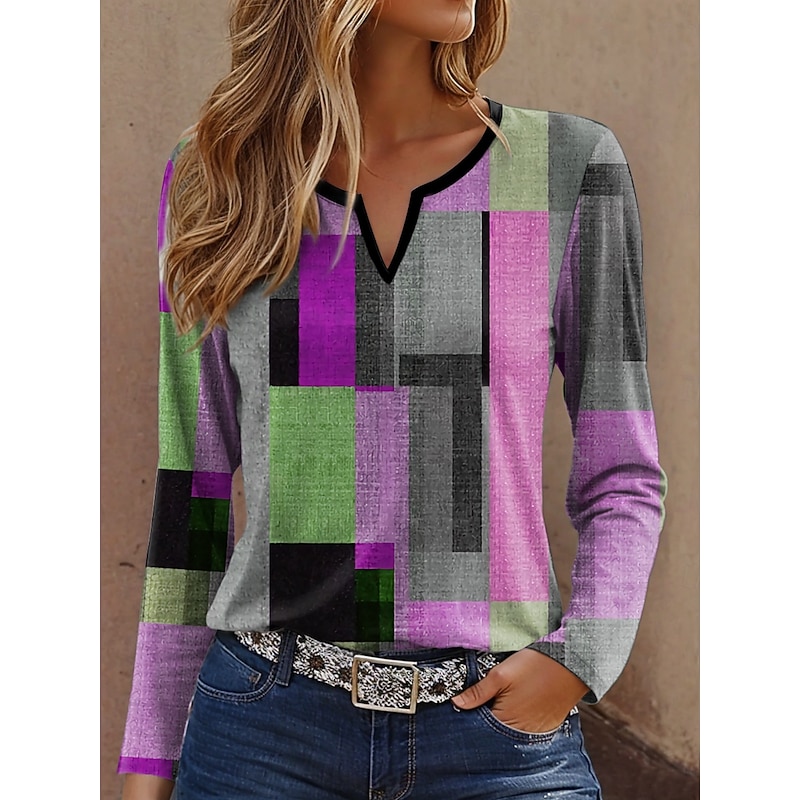 Women's T Shirt Graphic Geometric Vintage Stylish Casual Long Sleeve Notched Neck Regular Tops Daily Weekend Print Yellow Blue Purple Green Spring Fall Winter2