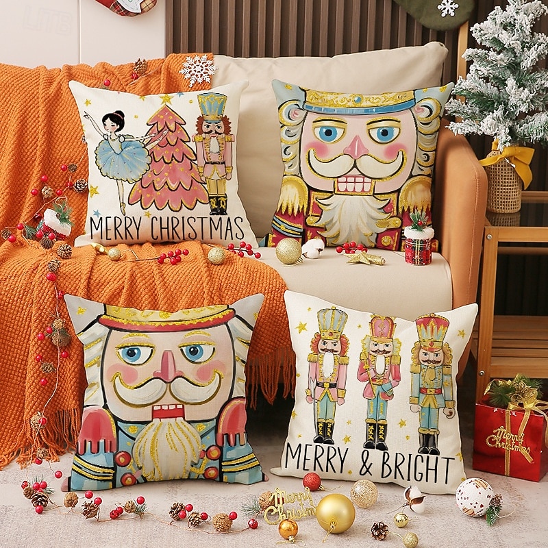 New Christmas Nutcracker Pillow Cover, Linen Printed Decorative Cushion, Cartoon Wooden Soldier Throw Pillow for Holiday Home Decor