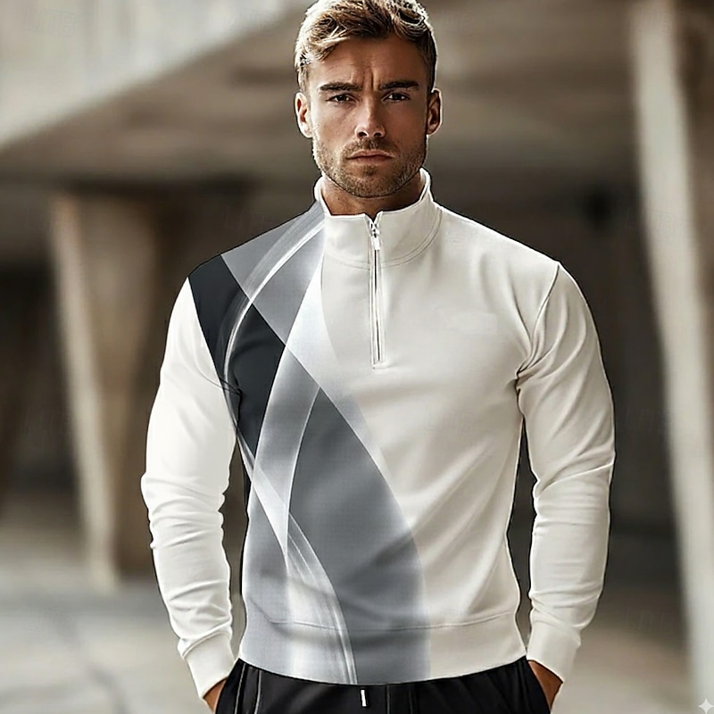 Men's Abstract Geometic Line Polo Long Sleeve Standing Collar Athleisure Vacation Athleisure Casual Daily 3D Print Spring Fall Winter Black Red Blue