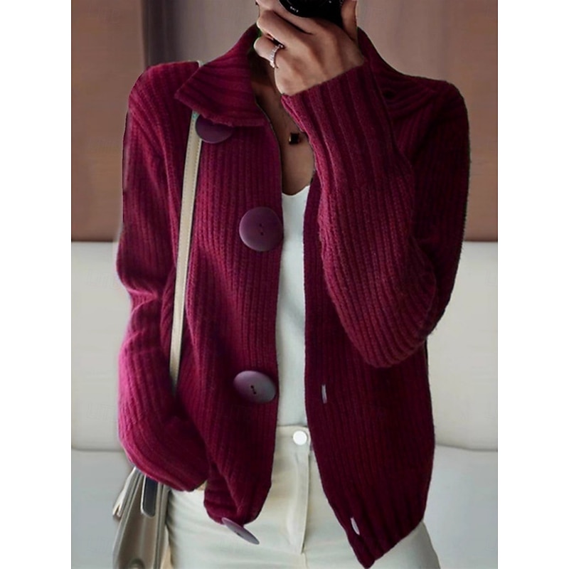 Women's Sweater Cardigan Elegant Fashion Streetwear Pure Color Shirt Collar Pocket Knitted Long Sleeve Regular Tops Knit Outdoor Daily Weekend Wine Red Navy Blue Fall Winter3