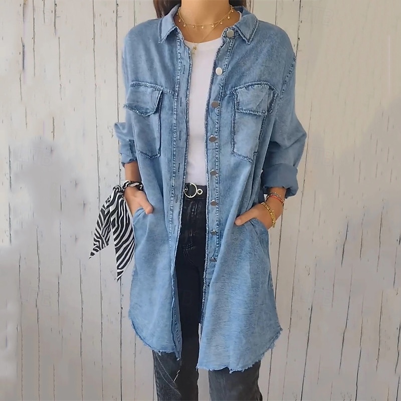 Women's Shirt Jacket Casual Jacket Denim Jacket Comfortable Breathable Pocket Fashion Casual Plain Vacation Street Casual Daily Wear Single Breasted Long Turndown Regular Fit Long Sleeve Outerwear4