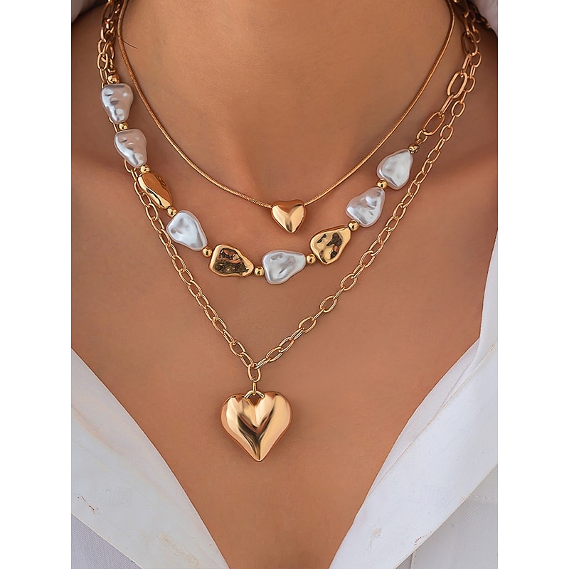 Women's Layered Heart Pendant Necklace – Gold Chain Choker with Pearl Accents, Fashion Jewelry for Parties, Dates & Daily Wear2