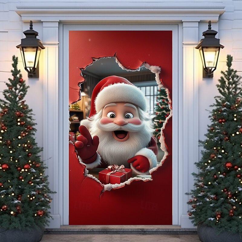 Christmas Door Cover Holiday Curtain Decoration Winter Theme Drapes Featuring Classic Santa Claus Breaking Through Wall Print Large Fabric Panel Festive Home Decor For Living Room Bedroom Entryway2