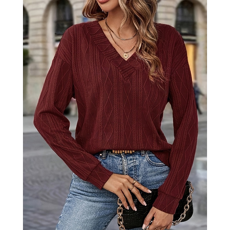 Women's Blouse Plain Stylish Long Sleeve V Neck Regular Tops Daily Holiday Going out Ruched Wine Fall Winter2