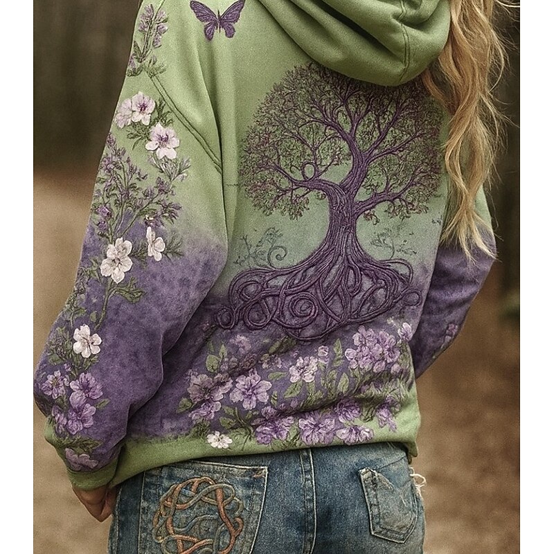 Women's Pullover Hoodie Sweatshirt Floral Graphic Punk Active Vintage Long Sleeve Hooded Regular Tops Street Dailywear Print Front Pocket Green Summer Spring Fall Winter2