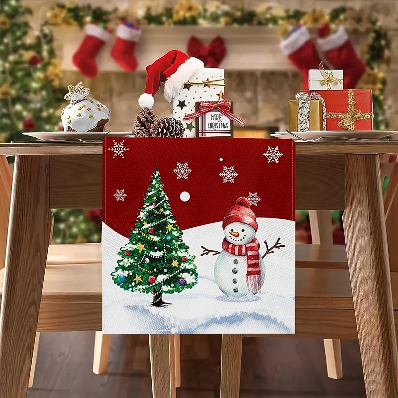 Christmas Table Runner, Holiday Atmosphere Linen Tablecloth Banner, Customizable Festive Xmas Dining Decoration