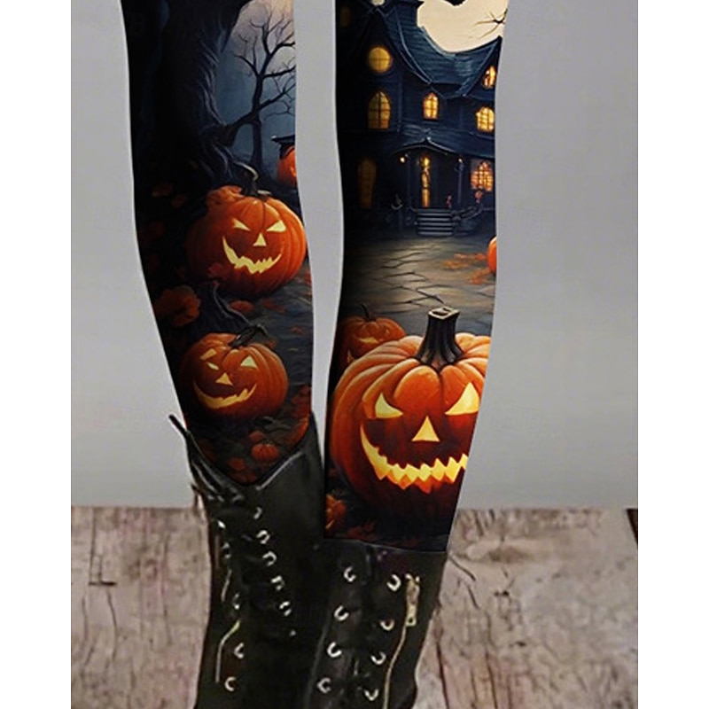 Women's Leggings Cozy Leggings Basic Casual Full Length High WaistPantsHalloween Graphic Printing Thermal Warm Comfortable Stretchy Vacation Casual Daily Orange Fall Winter Slim Fit3