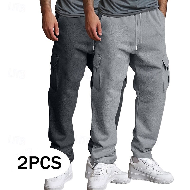 Men's Cargo Sweatpants Fleece Pants Joggers Trousers Straight Leg Sweatpants Drawstring Elastic Waist Multi Pocket Solid Color Warm Moisture Wicking Full Length Casual Daily Running Fashion Streetwear