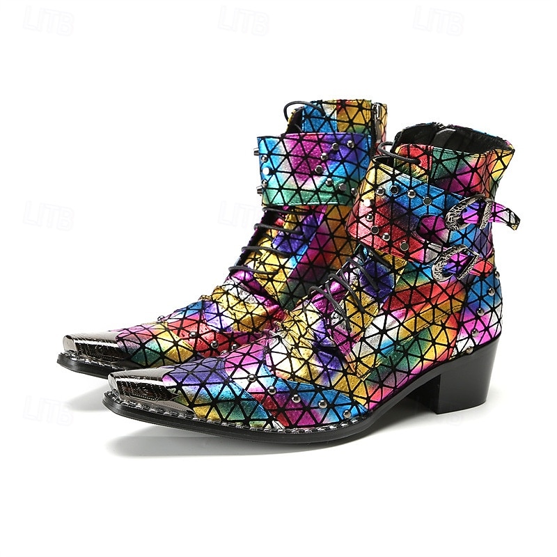 Men's Rainbow-Patterned Boots with Reflective Texture – Stylish and Colorful Shoes for Festivals, Parties and Fashion Enthusiasts4