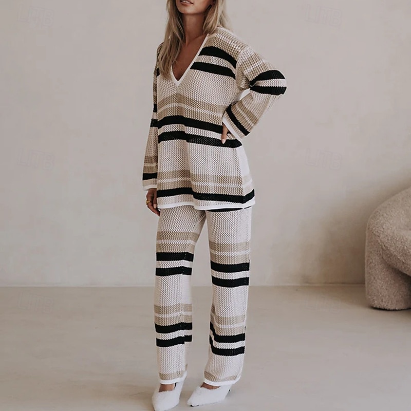 Women's Sweater Sweater Set Streetwear Casual Striped V Neck Knitted Long Sleeve Regular Tops Knit Outdoor Daily Holiday Khaki Fall Winter2