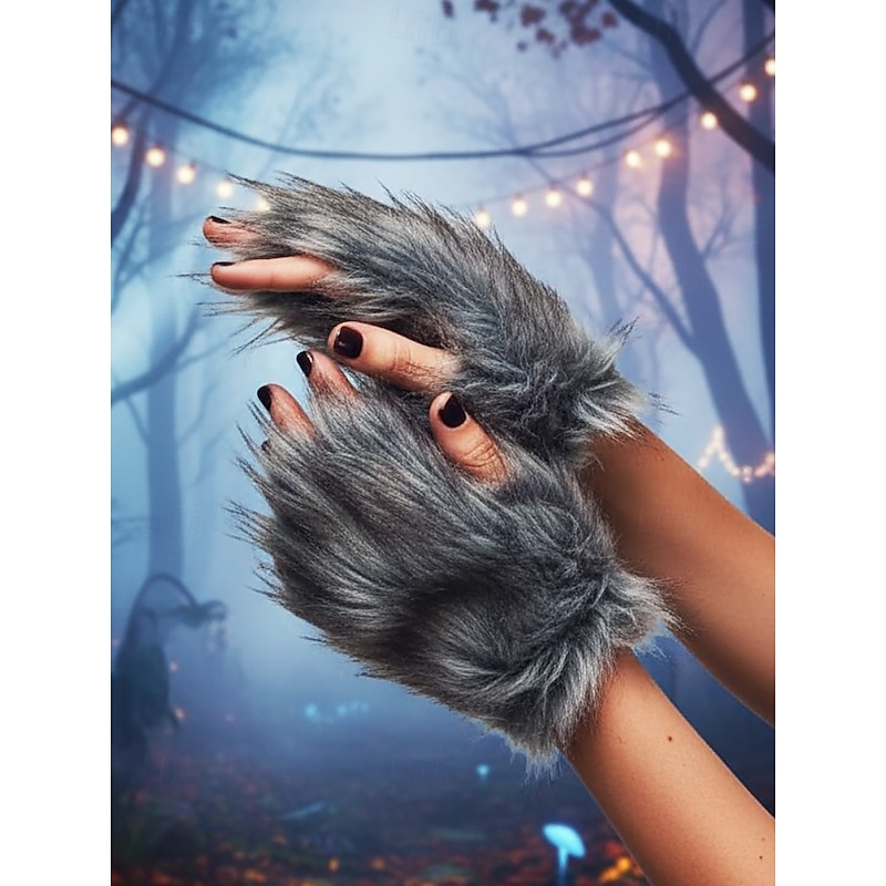 Women's Furry Werewolf Paw Gloves – Halloween Costume Cosplay Accessories, Fluffy Monster Claw Mittens for Party and Dress Up2