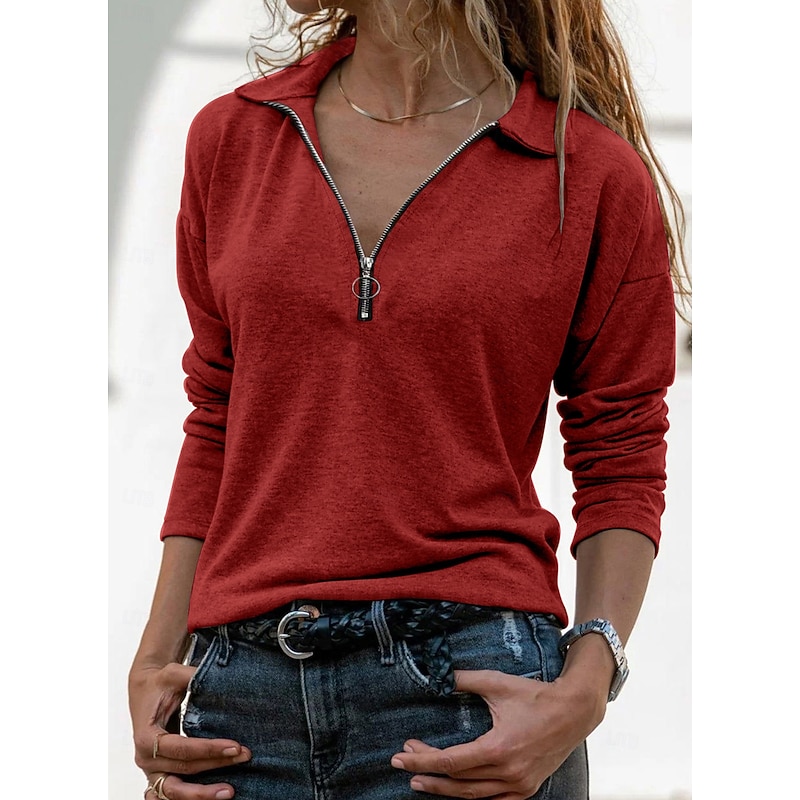 Women's Tunic Solid Color Elegant Vintage Stylish Long Sleeve Crew Neck Regular Tops Daily Quarter Zip Black Red Blue Green Khaki Spring Fall3