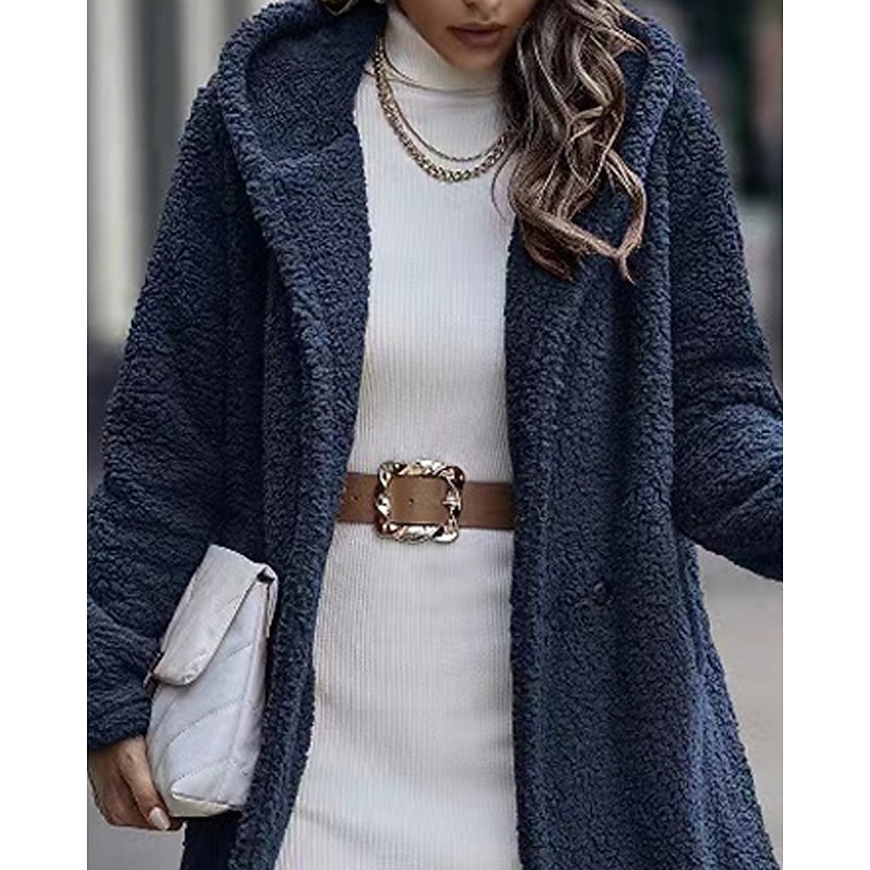 Women's Winter Coat Fleece Jacket Warm Comfortable Pocket Buttons Fashion Casual Plain Vacation Street Casual Daily Wear Single Breasted Long Hooded Loose Fit Long Sleeve Outerwear Royal Blue Fall2