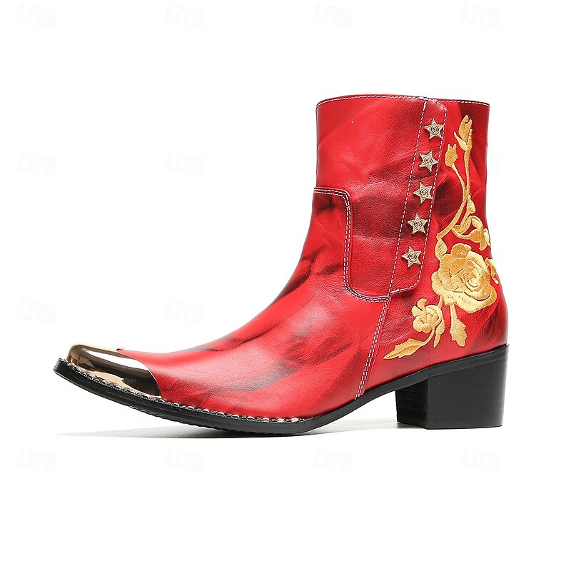 Men's Genuine Cowhide Leather Red Zip-Up Ankle Boots with Gold Floral Detail – Stylish Western Punk Boots for Festivals and Performances3