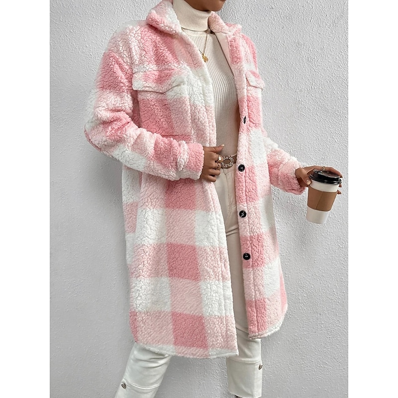Women's Sherpa Jacket Comfortable Breathable Pocket Buttons Print Casual Plaid Vacation Street Casual Daily Wear Single Breasted Long Turndown Loose Fit Long Sleeve Outerwear Black Pink Blue Spring3