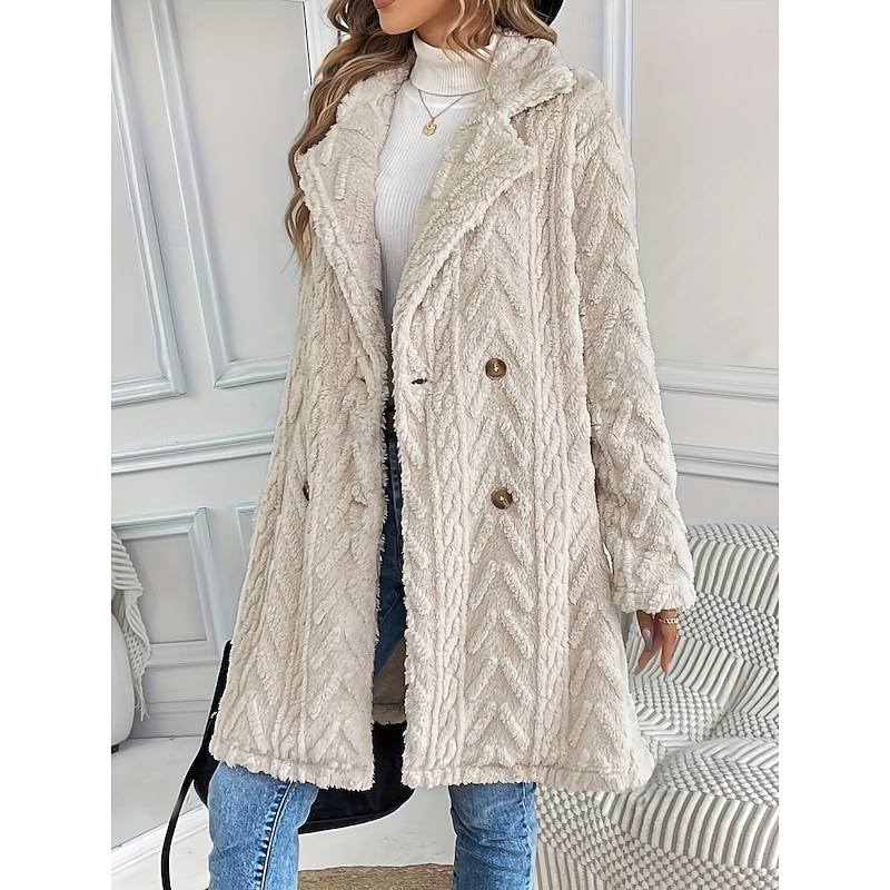 Women's Winter Coat Sherpa Jacket Comfortable Breathable Buttons Casual Plain Vacation Street Casual Daily Wear Single Breasted Long Turndown Regular Fit Long Sleeve Outerwear Beige Spring Fall4