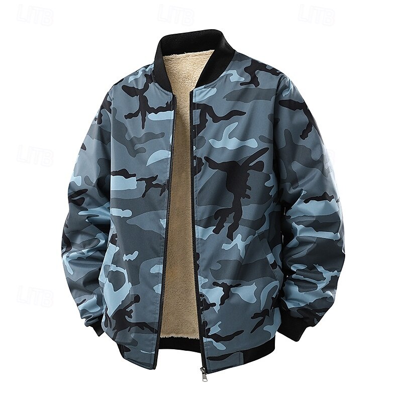 Men's Outdoor Jacket Bomber Jacket Fleece Jacket Formal Home Pocket Padded Fall Winter Camouflage Active Neutral Collarless Regular Dark Gray Pink Green Jacket