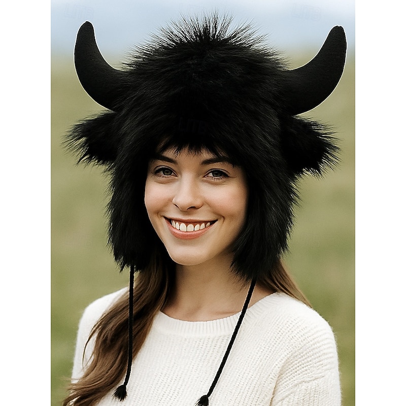 Unisex Halloween Plush Horn Hat – Furry Viking Bull Costume Cap with Warm Lining for Men and Women Cosplay, Party and Winter Wear
