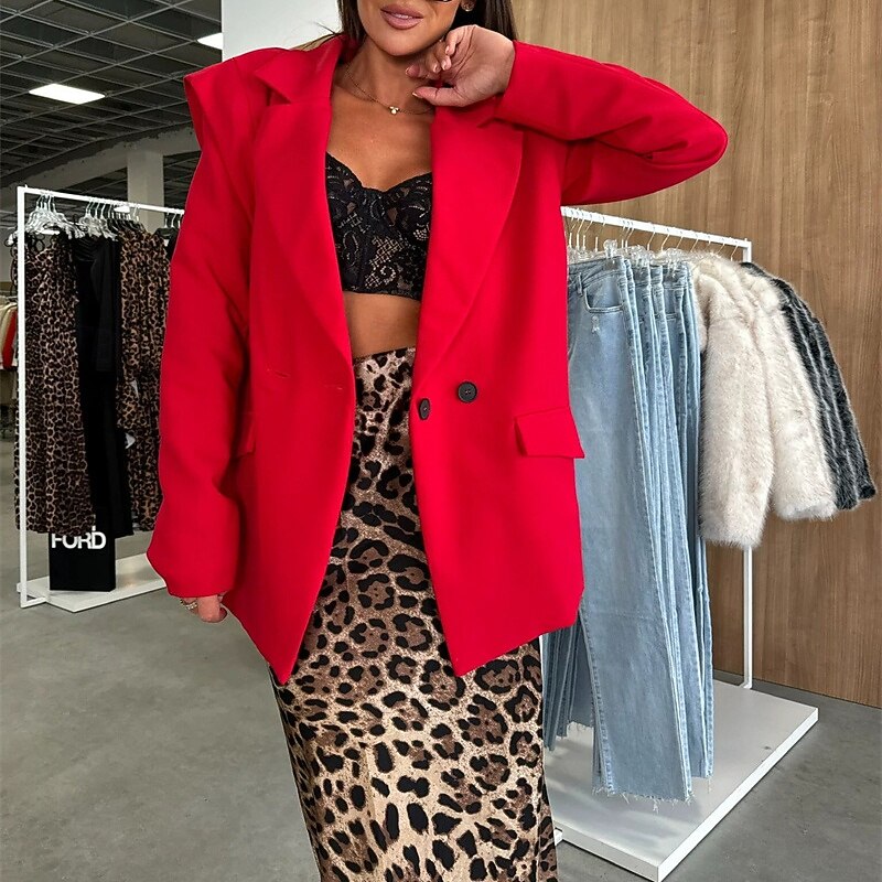 Women's Blazer Comfortable Pocket Buttons Elegant Fashion Outdoor Plain Going out Casual Daily Weekend Cardigan Regular Lapel Regular Fit Long Sleeve Outerwear Black White Red Spring Fall4