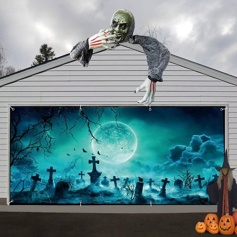 Halloween Garage Door Cover Night Witch Flying Broom Pumpkin Cemetery Ruined Castle Large Outdoor Backdrop with Grommets Yard Front Porch Wall Decorations3