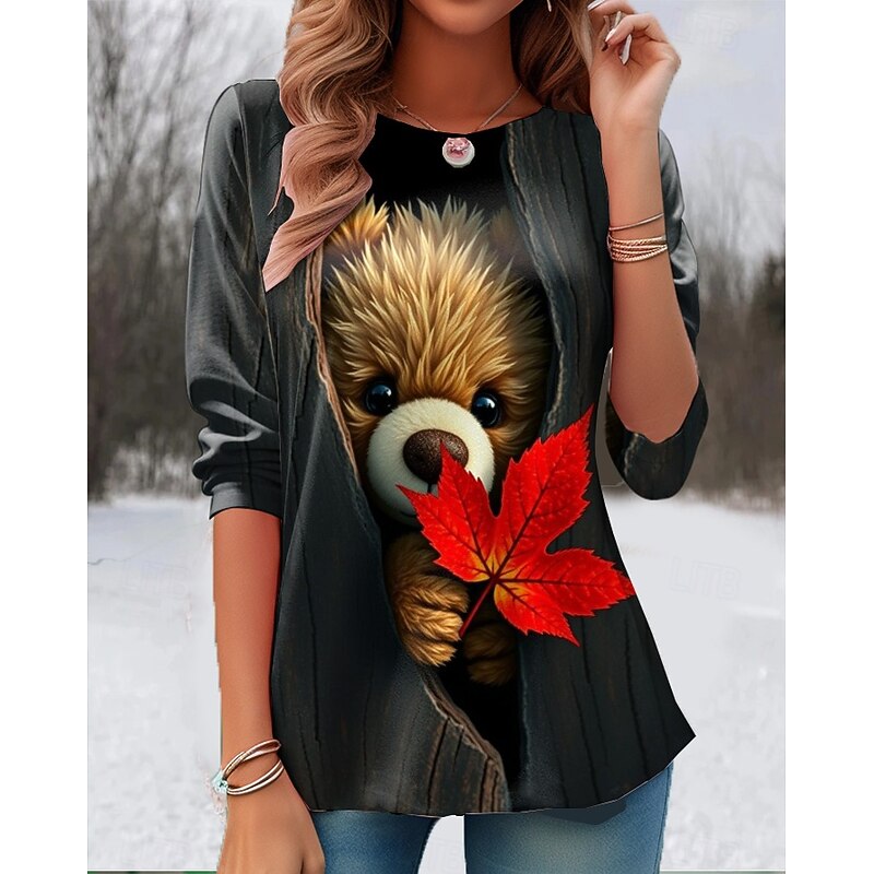 Halloween Women's T Shirt Graphic Animal Cat Vintage Cute Stylish Long Sleeve Crew Neck Round Neck Regular Tops Daily Print Black Light Brown Orange Summer Spring Fall3