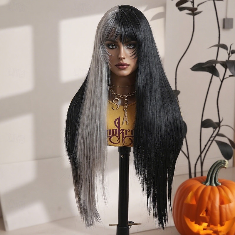 Synthetic Wig Straight Natural Straight Middle Part Neat Bang Wig 30 inch Black / Gold Synthetic Hair 30 inch Women's Soft Classic Comfy Multi-color2