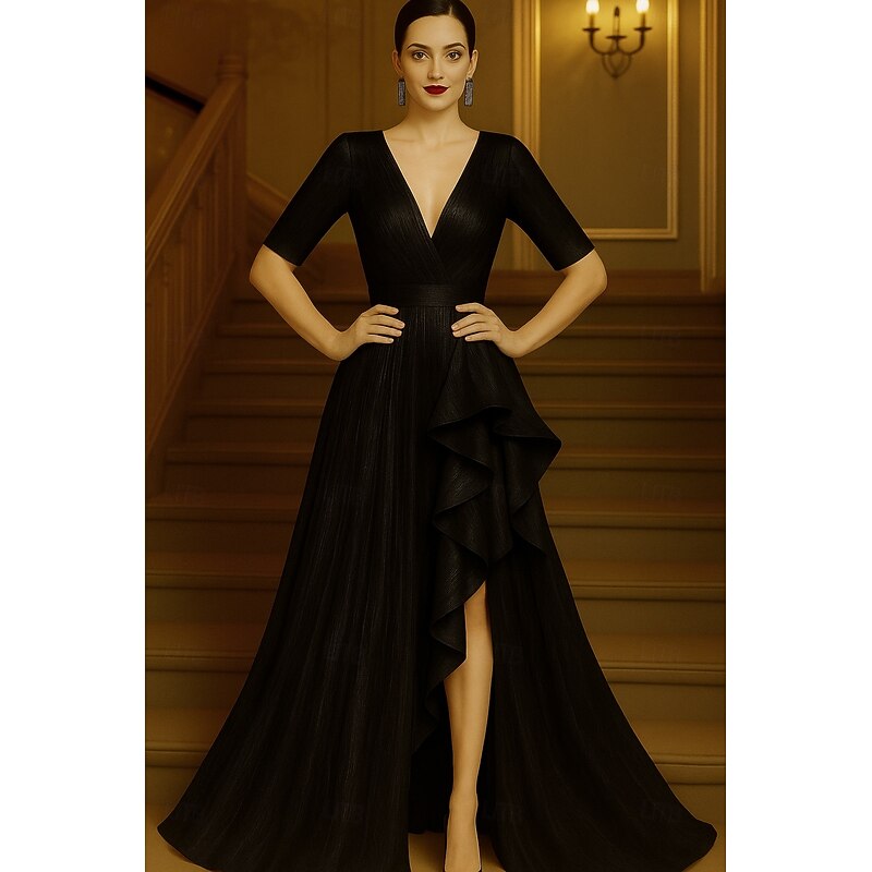 Red Black A-Line Evening Gown Elegant Formal Dress Formal Wedding Floor Length Half Sleeve V Neck Champagne Mother Of the Bride Dress Lurex Fabric with Glitter Ruffles 20253